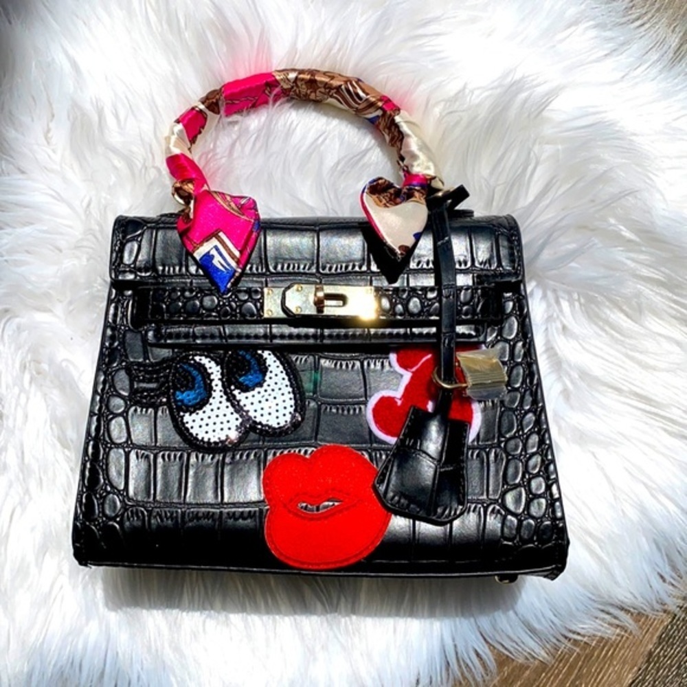 House of Hello HK Black Croc Big Eyes Kelly Style Tote Crossbody Bag Purse